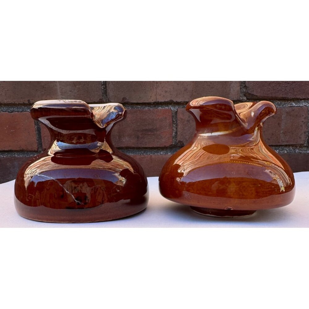 Vintage Stoneware Electrical Insulators Set of 2 Brown Rustic Industrial Decor